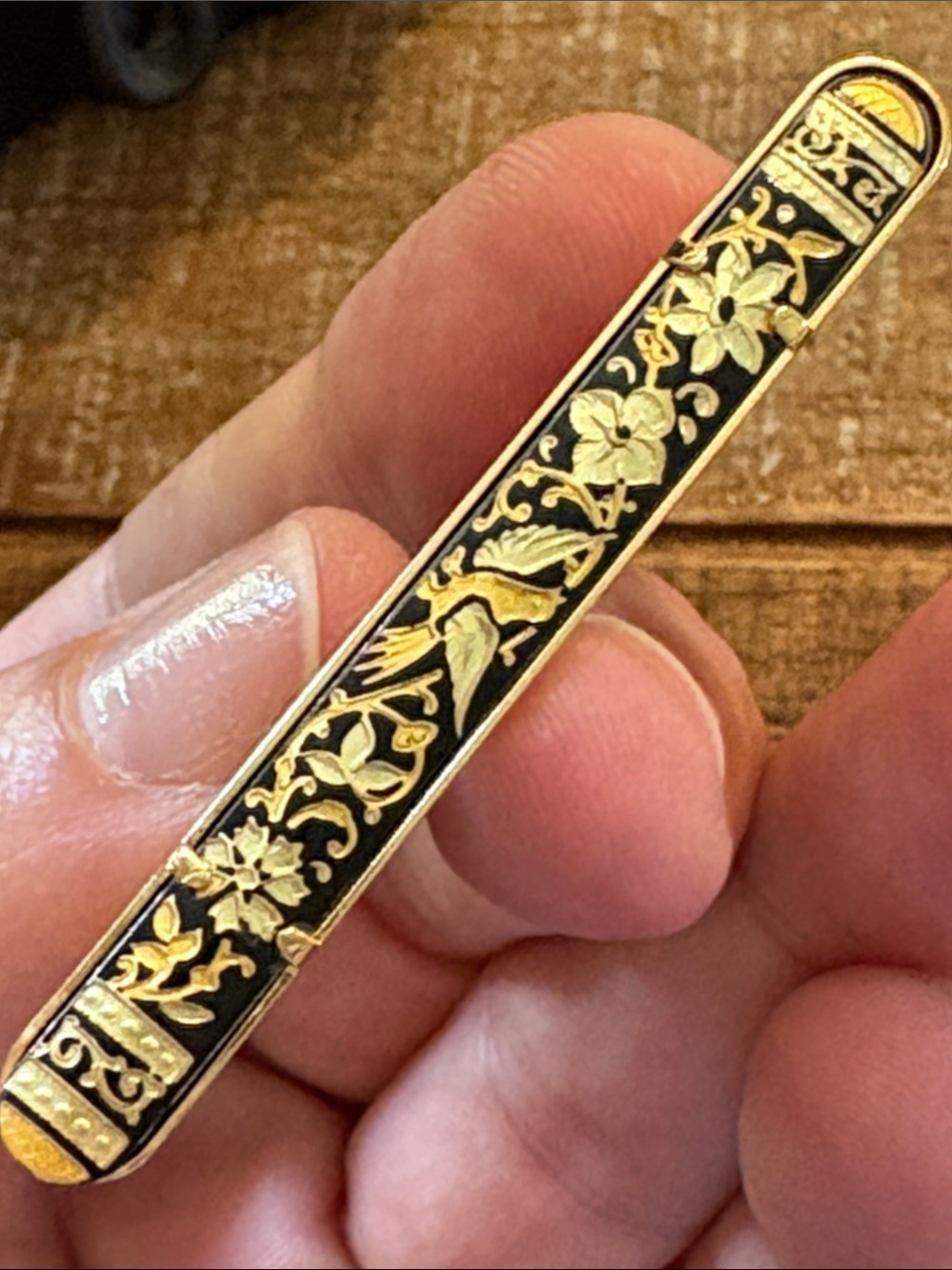 Vintage Damascus Gold and Black Floral Bar Pin - Women's Jewelry
